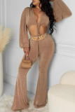 Brown Fashion Casual Solid Bandage V Neck Long Sleeve Two Pieces (Without Belt )