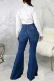 Dark Blue Fashion Casual Solid Ripped High Waist Boot Cut Jeans