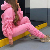Pink Fashion Sexy Solid Fold Hooded Collar Long Sleeve Two Pieces