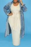 Light Blue Fashion Casual Solid Ripped Cardigan Turndown Collar Plus Size Overcoat