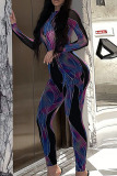 Purple Sexy Print Split Joint O Neck Regular Jumpsuits
