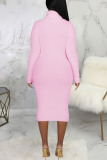 Pink Casual Solid Patchwork Turtleneck One Step Skirt Dresses