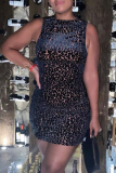Khaki Fashion Sexy Print Leopard Bandage Hollowed Out O Neck Sleeveless Dress