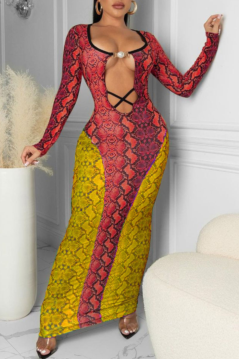 

Yellow Fashion Sexy Print Hollowed Out O Neck One Step Skirt Dresses