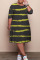Black Casual Striped Print Split Joint O Neck A Line Plus Size Dresses
