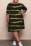 Black Casual Striped Print Patchwork O Neck A Line Plus Size Dresses