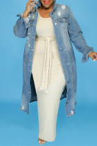 Light Blue Fashion Casual Solid Ripped Cardigan Turndown Collar Plus Size Overcoat
