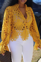 Yellow Sexy Solid Hollowed Out V Neck Tops