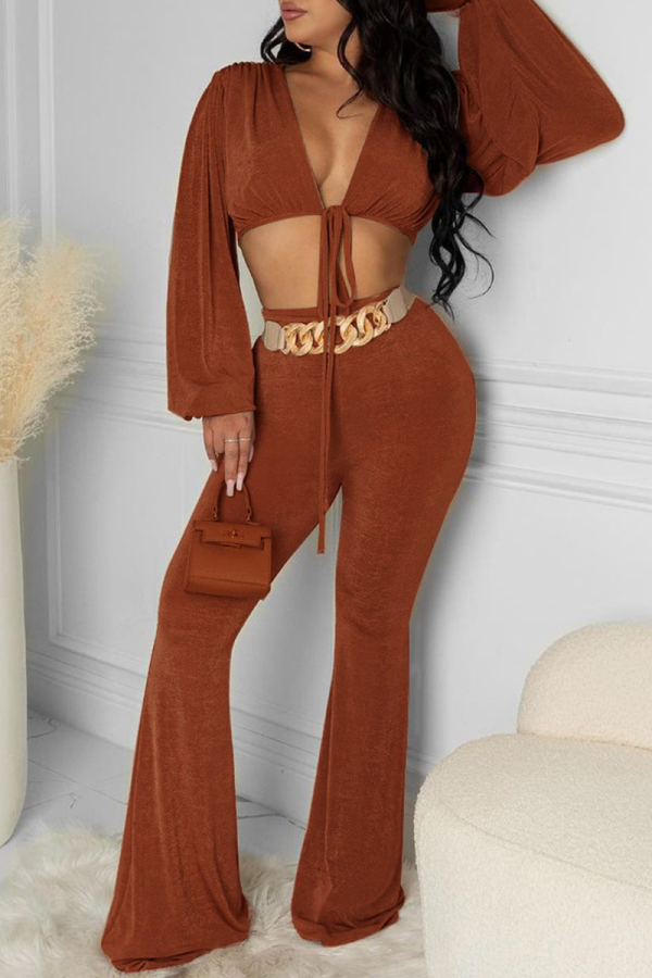 Brown Fashion Casual Solid Bandage V Neck Long Sleeve Two Pieces (Without Belt )