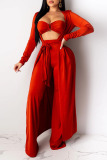 Red Sexy Solid Patchwork Strapless Long Sleeve Three Pieces