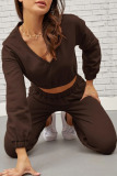 Coffee Fashion Sportswear Solid Patchwork V Neck Long Sleeve Two Pieces