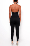 Brown Sexy Casual Solid Hollowed Out Backless Halter Skinny Jumpsuits
