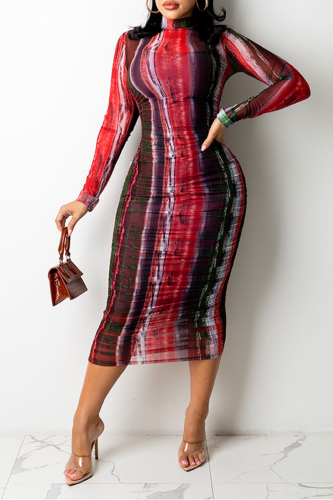 Red Sexy Print Patchwork O Neck Pencil Skirt Dresses