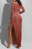 Pink Sexy Casual Solid Slit Square Collar Long Sleeve Dresses