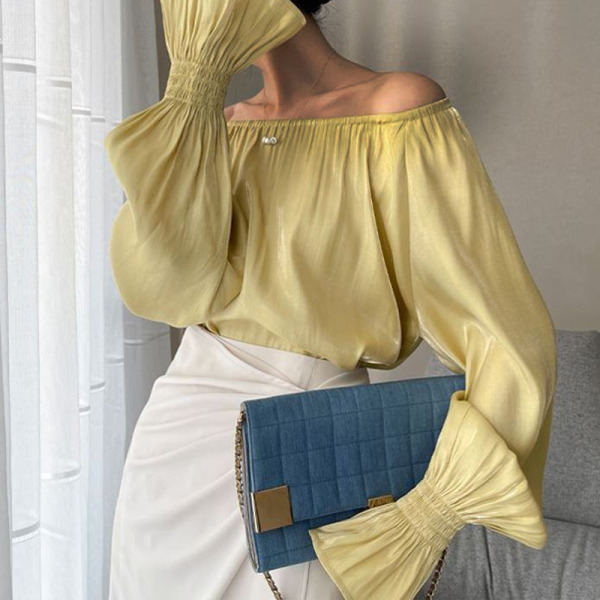 Yellow Casual Solid Patchwork Off the Shoulder Tops