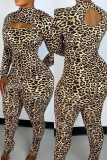 Leopard Print Fashion Sexy Print Leopard Hollowed Out Half A Turtleneck Skinny Jumpsuits