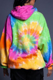Multi-color Casual Print Tie Dye Patchwork Hooded Collar Tops