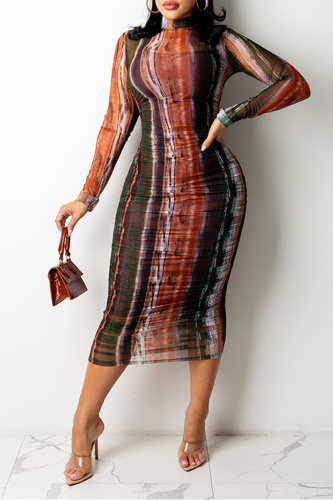 Brown Sexy Print Patchwork O Neck Pencil Skirt Dresses