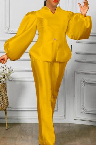 Yellow Fashion Casual Solid Slit V Neck Long Sleeve Two Pieces