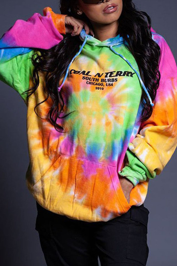 Multi-color Casual Print Tie Dye Patchwork Hooded Collar Tops