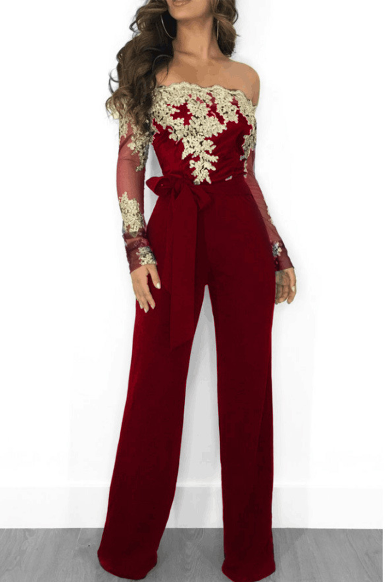 

Burgundy Sexy Solid Lace Off the Shoulder Boot Cut Jumpsuits