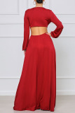 Red Fashion Elegant Solid Hollowed Out V Neck A Line Dresses