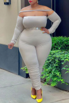 Cream White Fashion Casual Solid Split Joint Off the Shoulder Plus Size Jumpsuits