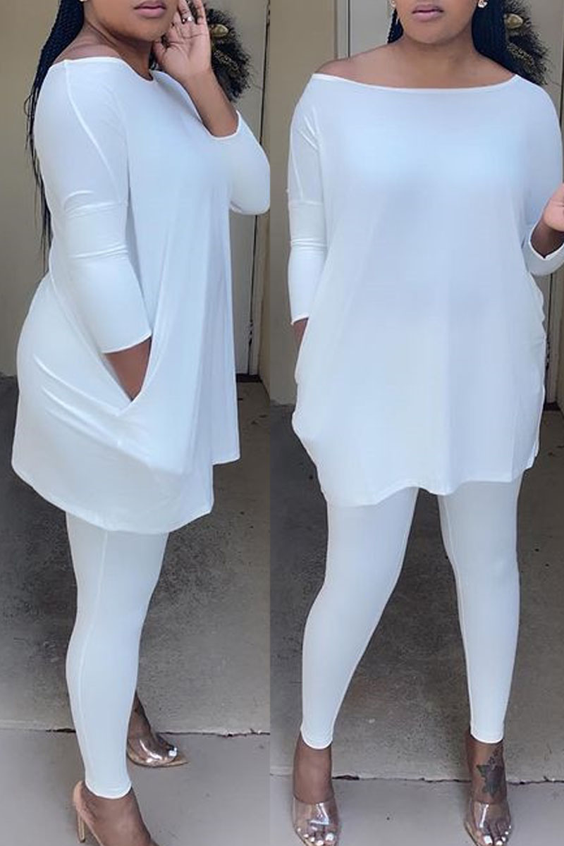 

White Fashion Sexy Solid Split Joint O Neck Long Sleeve Two Pieces