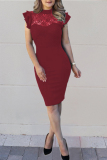 Wine Red Fashion Mesh Solid Dress