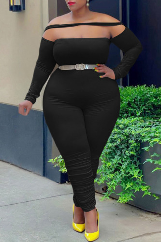 Black Fashion Casual Solid Patchwork Off the Shoulder Plus Size Jumpsuits