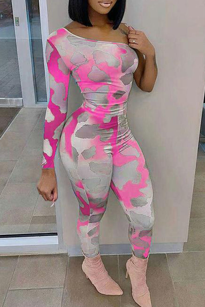 

Rose Red Sexy Print Split Joint Oblique Collar Regular Jumpsuits