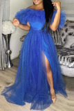 Blue Sweet Elegant Solid Split Joint Off the Shoulder Strapless Dress Plus Size Dresses
