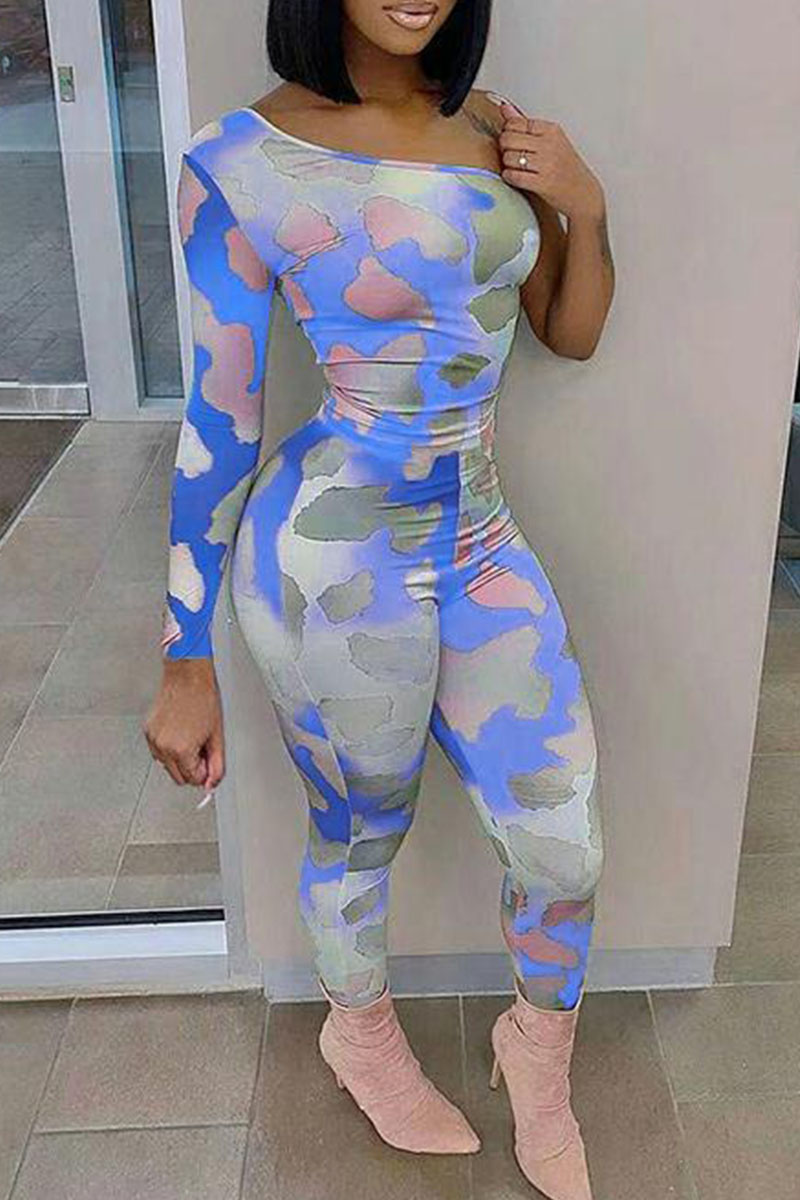 

Deep Blue Sexy Print Split Joint Oblique Collar Regular Jumpsuits