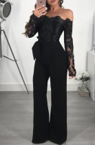 Black Sexy Solid Lace Off the Shoulder Boot Cut Jumpsuits
