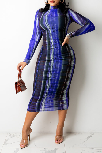 Blue Sexy Print Patchwork O Neck Pencil Skirt Dresses