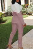 Light Pink Casual Work Solid Patchwork Slit Turn-back Collar Long Sleeve Two Pieces