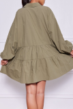 Green Casual Solid Flounce Turndown Collar Cake Skirt Dresses