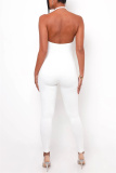 White Sexy Casual Solid Hollowed Out Backless Halter Skinny Jumpsuits