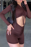 Brown Sexy Solid Patchwork V Neck Skinny Jumpsuits