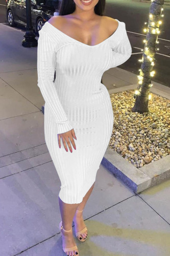 White Casual Solid Patchwork V Neck Pencil Skirt Dresses