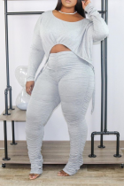 Grey Sexy Solid Draw String O Neck Plus Size Two Pieces