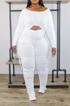 White Sexy Solid Draw String O Neck Plus Size Two Pieces