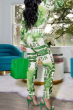 Green Casual Print Patchwork Zipper Collar Long Sleeve Two Pieces
