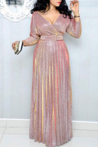 Pink Elegant Solid Split Joint Fold V Neck Straight Dresses(Contain The Belt)