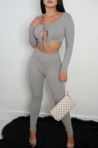 Grey Sexy Casual Solid Bandage Hollowed Out O Neck Long Sleeve Two Pieces