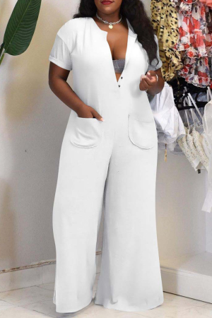 White Fashion Casual Solid Basic V Neck Plus Size Jumpsuits