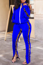 Royal Blue Fashion Casual Patchwork Print Hollowed Out Zipper Collar Long Sleeve Two Pieces