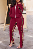 Burgundy Fashion Casual Patchwork Print Hollowed Out Zipper Collar Long Sleeve Two Pieces