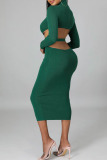 Green Fashion Casual Solid Backless O Neck One Step Skirt Dresses