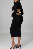 Black Fashion Casual Solid Backless O Neck One Step Skirt Dresses